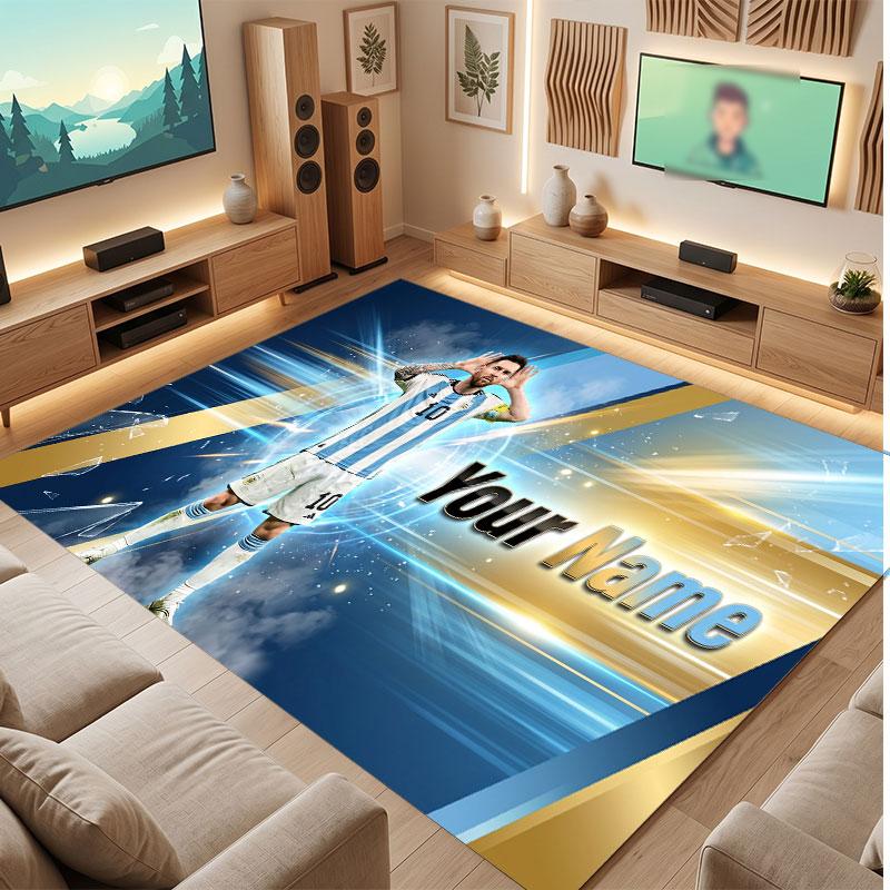 Lionel Messi Custom Crystal Velvet Rug, Personalized Name Text Print, Football Logo Soft Non‑Slip Floor Mat Home Decor Gift