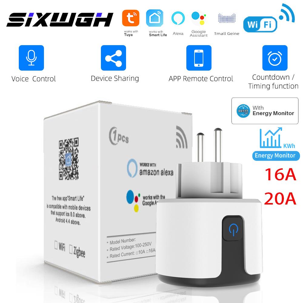Умная розетка Sixwgh Tuya Wi-Fi 16a/20a, вилка европейского стандарта, США, Великобритании, Au с функцией мониторинга, электронная розетка для умного дома, Alexa