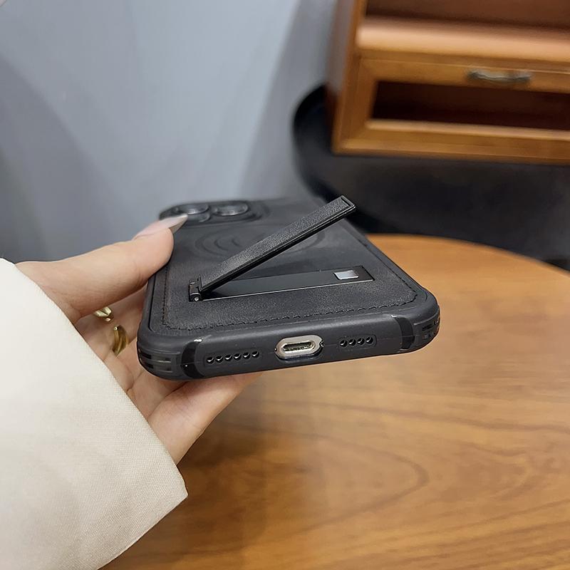 Magsafe Magnetic Wireless Charging Bracket Leather Phone Case For iPhone 15 Pro Max 11 13 12 14 Pro Max Shockproof Back Cover