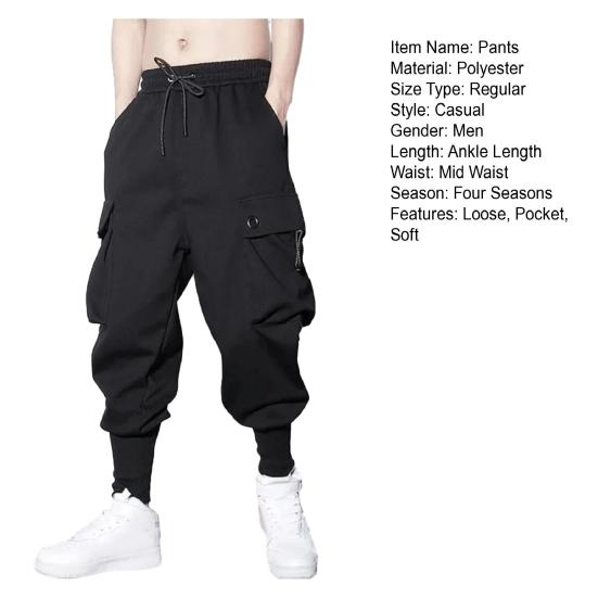 Мужские брюки-карго с ремешками на щиколотке, свободные однотонные брюки с несколькими карманами, мягкие дышащие шнурки с эластичной резинкой на талии, повседневные спортивные мужские спортивные штаны, длинные брюки