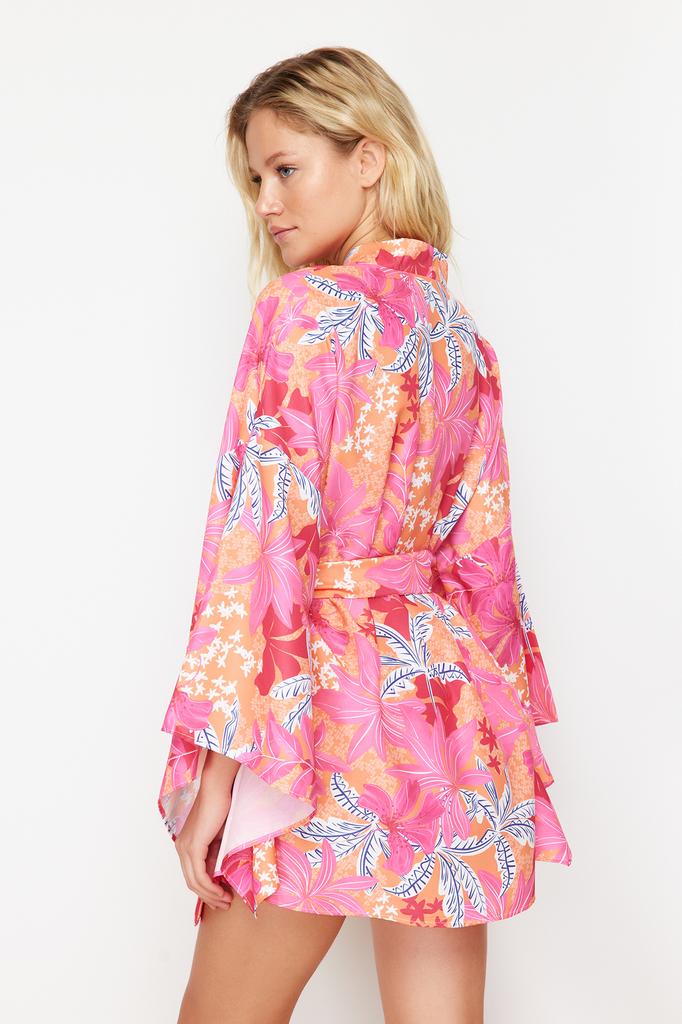 Women's Fashion New Kimono&Kaftan Floral Pattern Belted Mini Woven KimonoKaftan