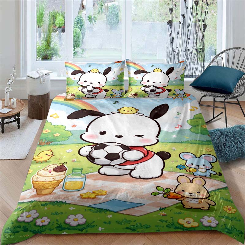The new cartoon Pochacco dog themed three piece bedding set for 2026, including duvet covers and pillowcases, is the perfect cho