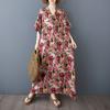 2025 Summer Women Vintage Printing Linen Plus Size Long Dress Short Sleeve Casual V-Neck Basic Loose Dress