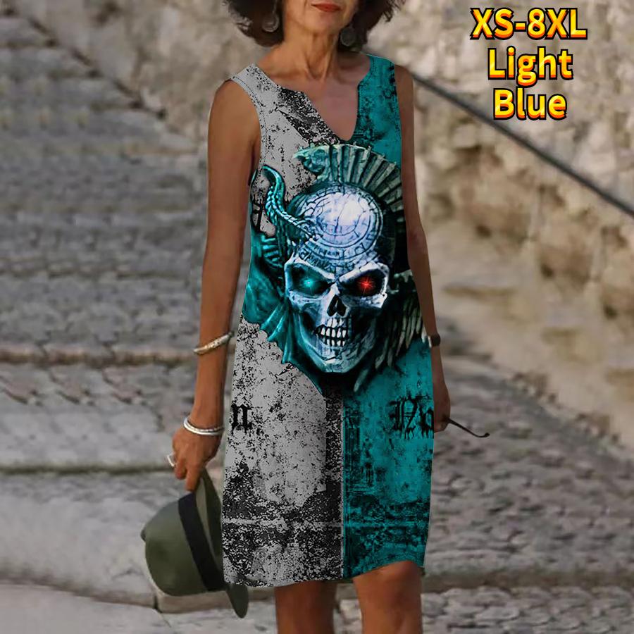 Женское летнее черно-серое платье с v-образным вырезом и принтом головы черепа, повседневное модное платье без рукавов, повседневные свободные сексуальные платья размера плюс XS-8XL