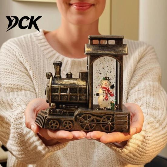 Niche Christmas Collectibles Snow Lantern Train with Santa/Snowman/Tree, Retro Steam Table Lamp, Figurine Battery Operated Swirling Water Glitter for