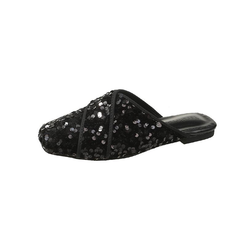 Мода Мода квадратная голова пайетки ткань тапочки весна новый носок глубокий вырез мягкая подошва противоскользящие износостойкие балетки