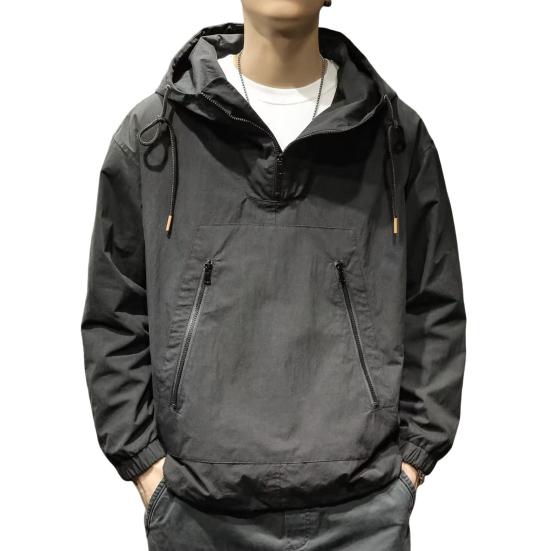Мужской плащ однотонный длинный рукав полумолния капюшон куртка с карманами на молнии свободный крой тонкая куртка для отдыха