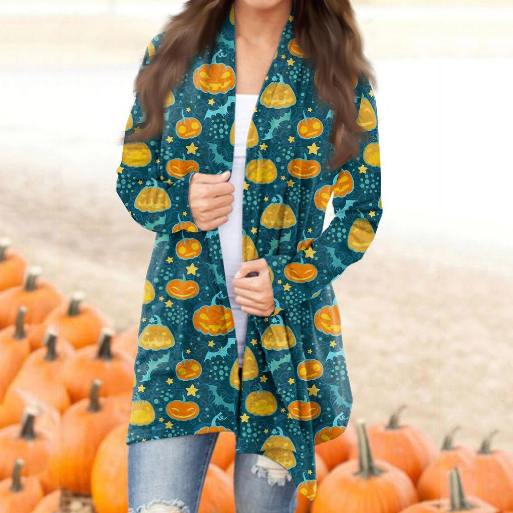 Женская мода, повседневный кардиган с принтом на Хэллоуин, средней длины, с длинными рукавами, пальто