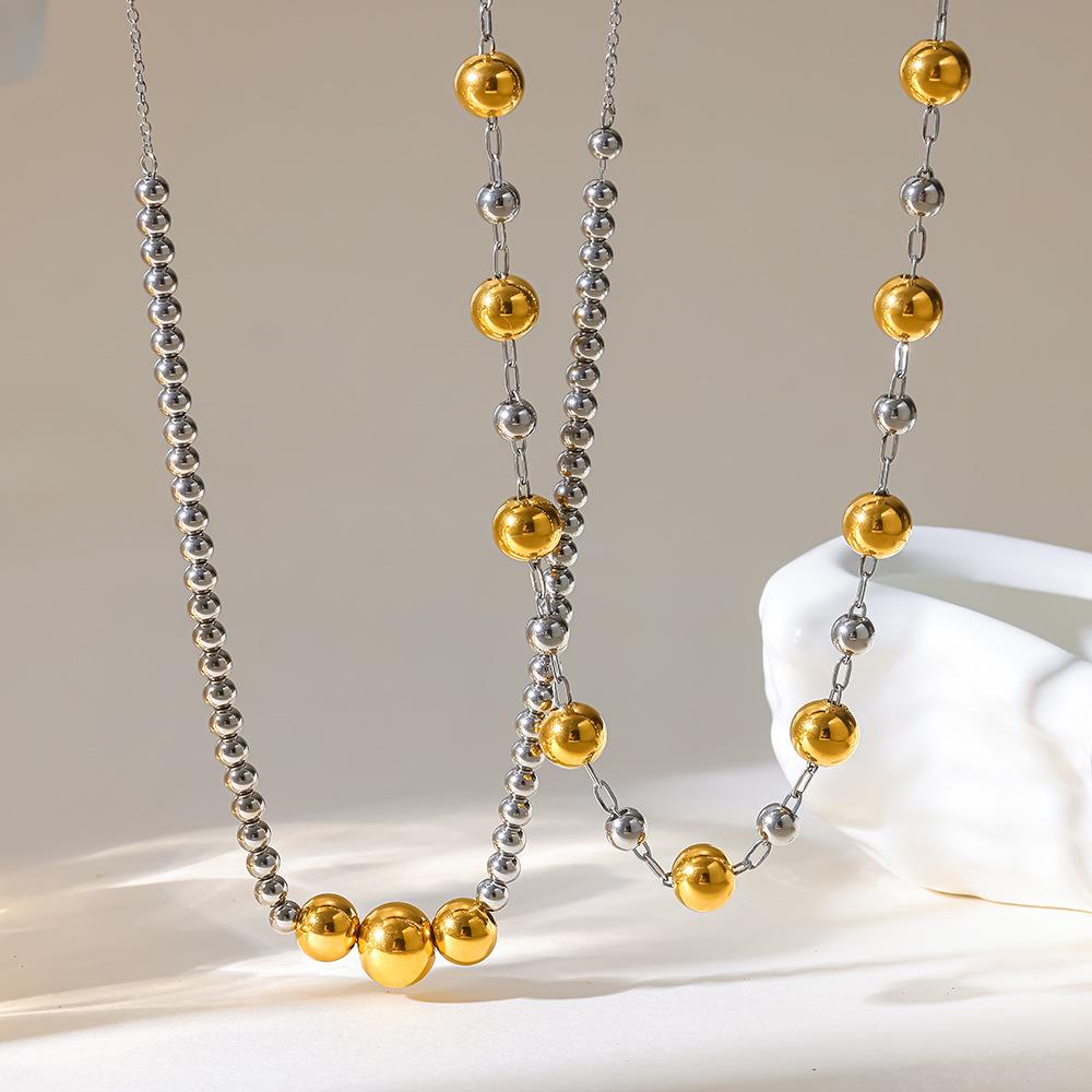 18k gold-plated versatile color matching round beads stacked necklace light luxury niche stainless steel waterproof beaded collarbone chain