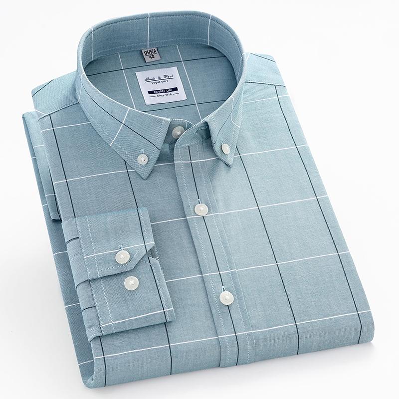 Pure Cotton Men's Solid Shirts Casual Long Sleeve Business Men Shirt Checkered Button Collar with Front Pocket