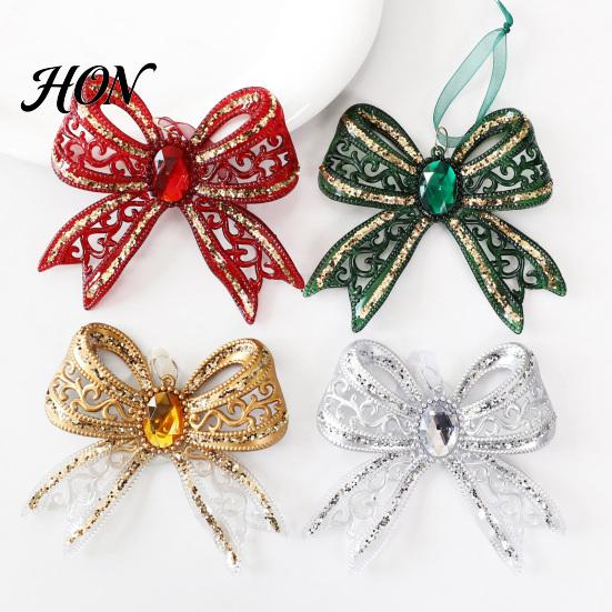 Gold Edged Bow Ornaments Acrylic Faux Crystal Christmas Ornament, Sparkly Hollow Decorative Bows for Garlands Knot Hanging Decoration Home New
