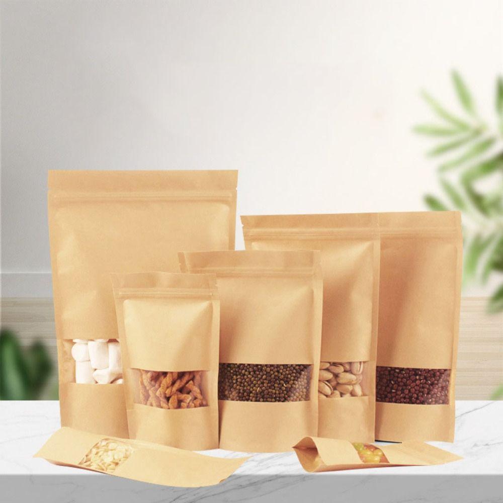 50pcs with Window Kraft Paper Self Sealing Bags Stand Up Food Storage Pouch  Business