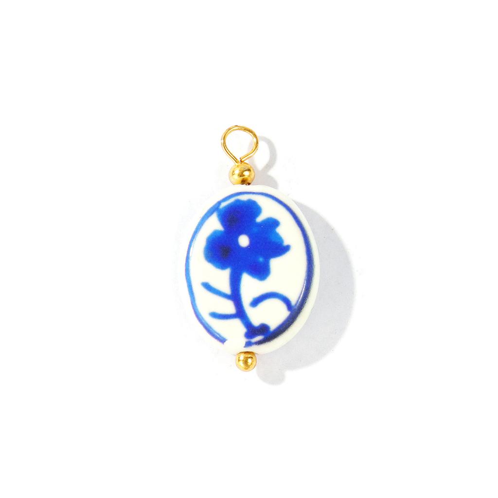 5pcs Ceramic Charms Oval Beads Dark Blue Double Sided Hand-Painted Fish Flower Conch Brass Pendants For DIY Necklace Making