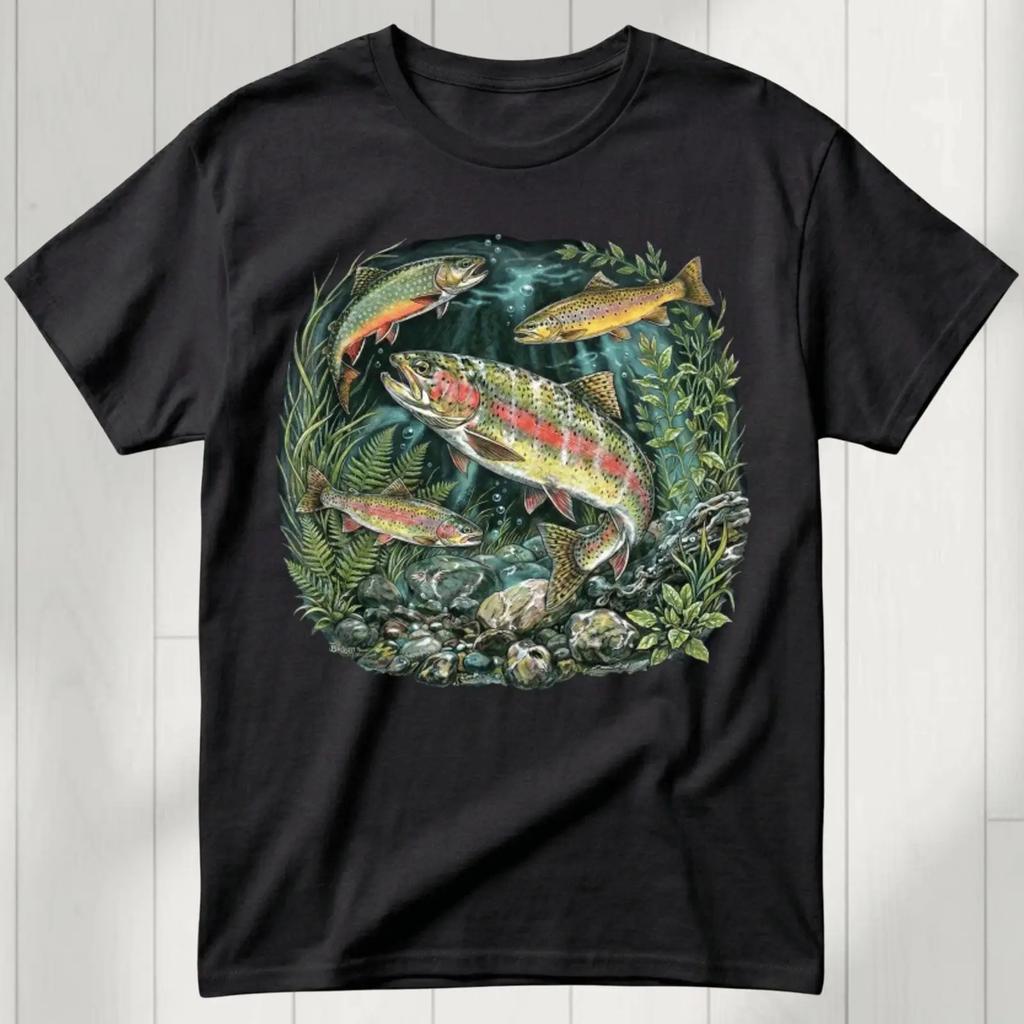 90s River Wildlife T Shirt Rainbow Trout Retro Nature vintage Washed homme Versatile Slightly Stretched Soft Breathable