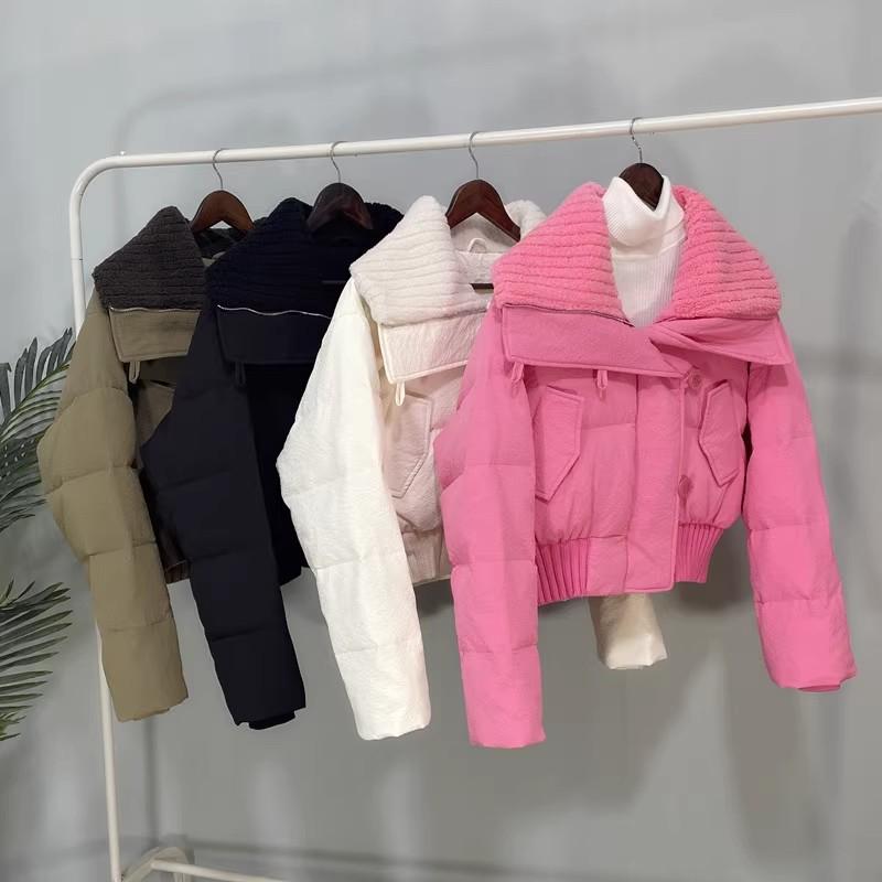 2026 Winter Womens Short Puffer Coat With Faux Shearling Collar Thick Warm Cotton-Padded Outerwear Loose Fit