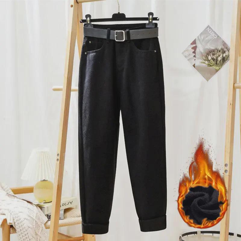 Женские теплые джинсы-карроты из бархата с высокой талией — свободные, универсальные и модные брюки прямого покроя