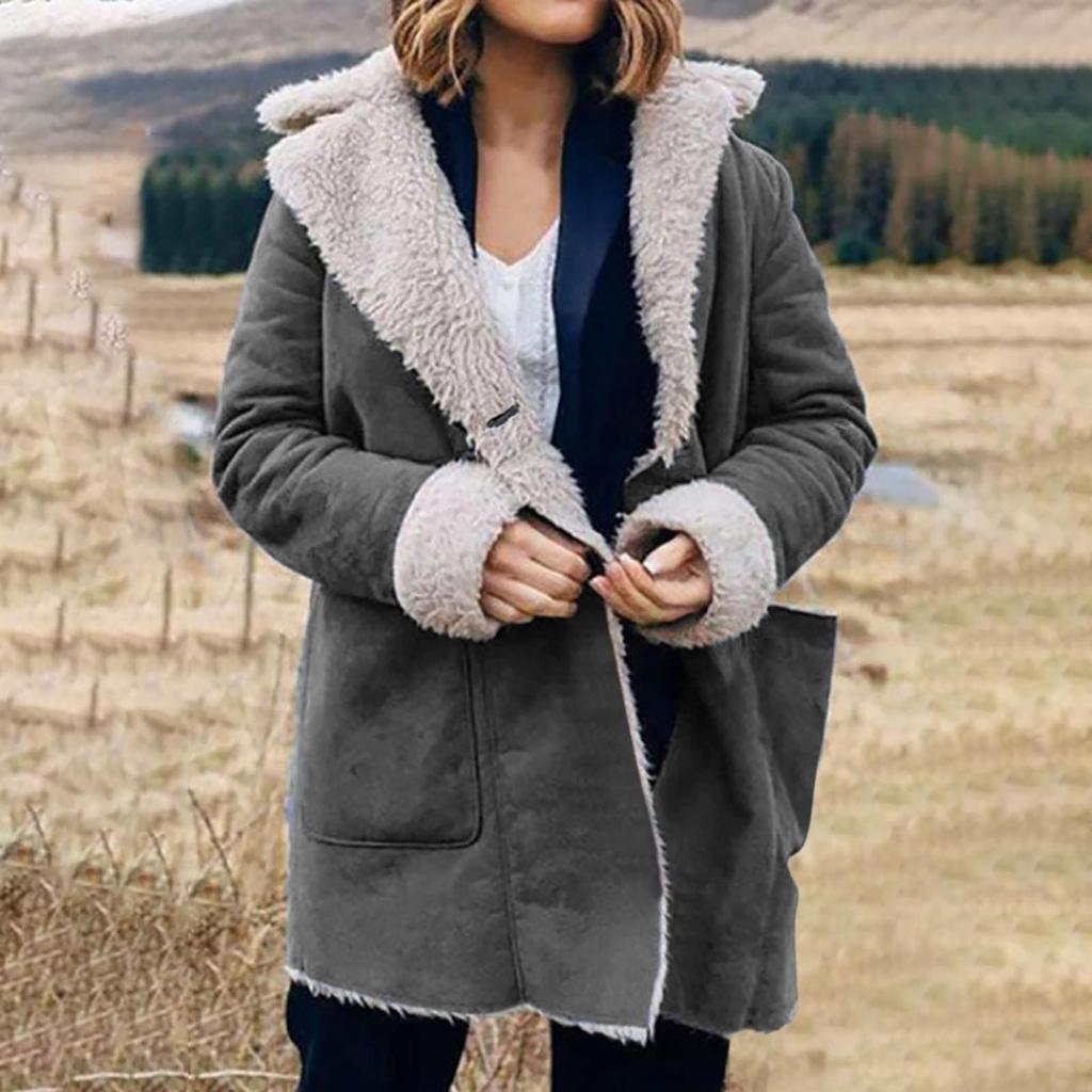 Women's Loose Casual Solid Color Lapel Pocket Long Sleeved Hooded Plush Jacket Fashionable Jacket