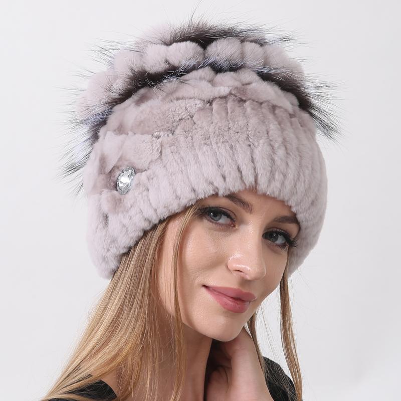Роскошная зимняя шапка из натурального меха для женщин, вязаная шапка из меха кролика рекса и лисы, цветочные зимние модные стильные меховые шапки
