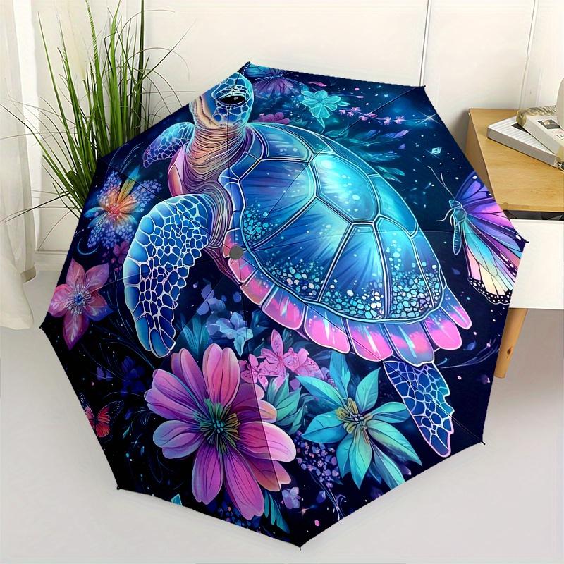 Sea turtle, Floral fantasy Automatic Folding Umbrella 8 Ribs, Durable Iron Frame, Bright Color Pattern Compact Travel Umbrella, Suitable fo