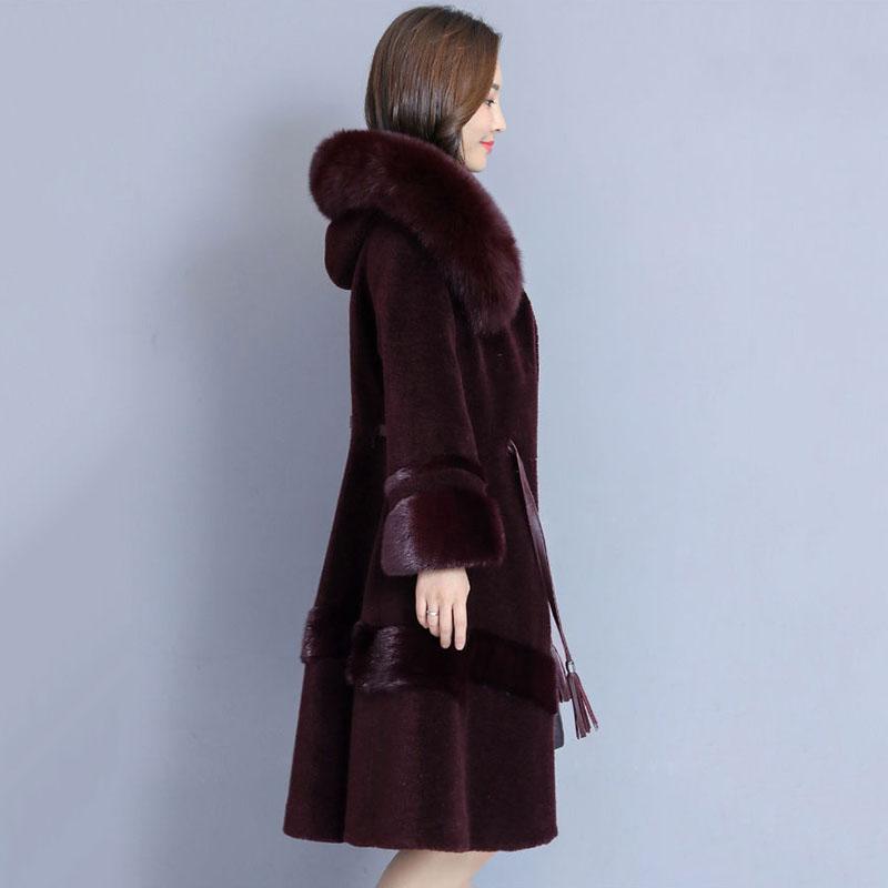 Кашемировое пальто женское зимнее норковое пальто с капюшоном из лисьего меха модное темпераментное зимнее пальто средней длины с талией и куртки Femme