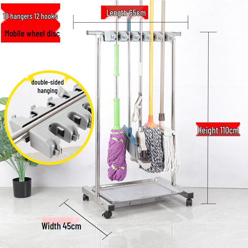 Stainless Steel Floor-standing Mop and Broom Rack with Balcony Storage