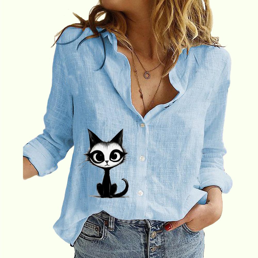 Женская модная рубашка на пуговицах, весна-лето, тонкий хлопковый льняной топ, повседневная блузка с длинными рукавами и принтом кота