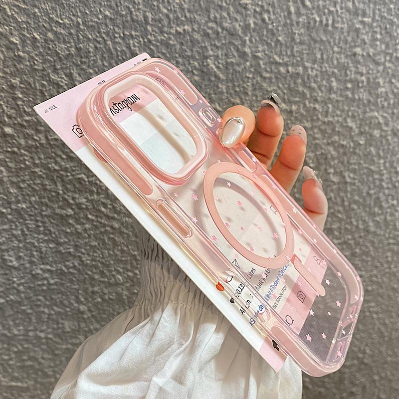 Розовые Звезды Магнитная Беспроводная Зарядка Прозрачная Мягкая ТПУ Задняя Крышка Для iPhone 13 14 15 16 17 Pro Max Совместимая С Чехлом Magsafe