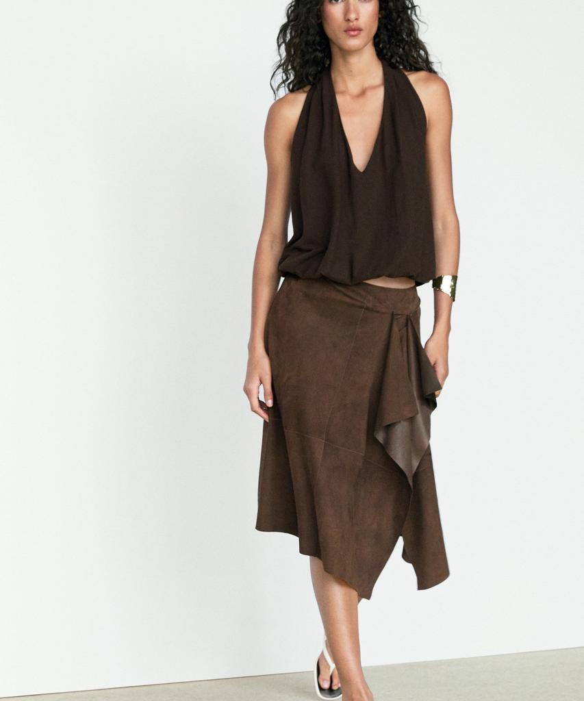 Masimodutti Suede Leather Ruffle Detail Midi Skirt