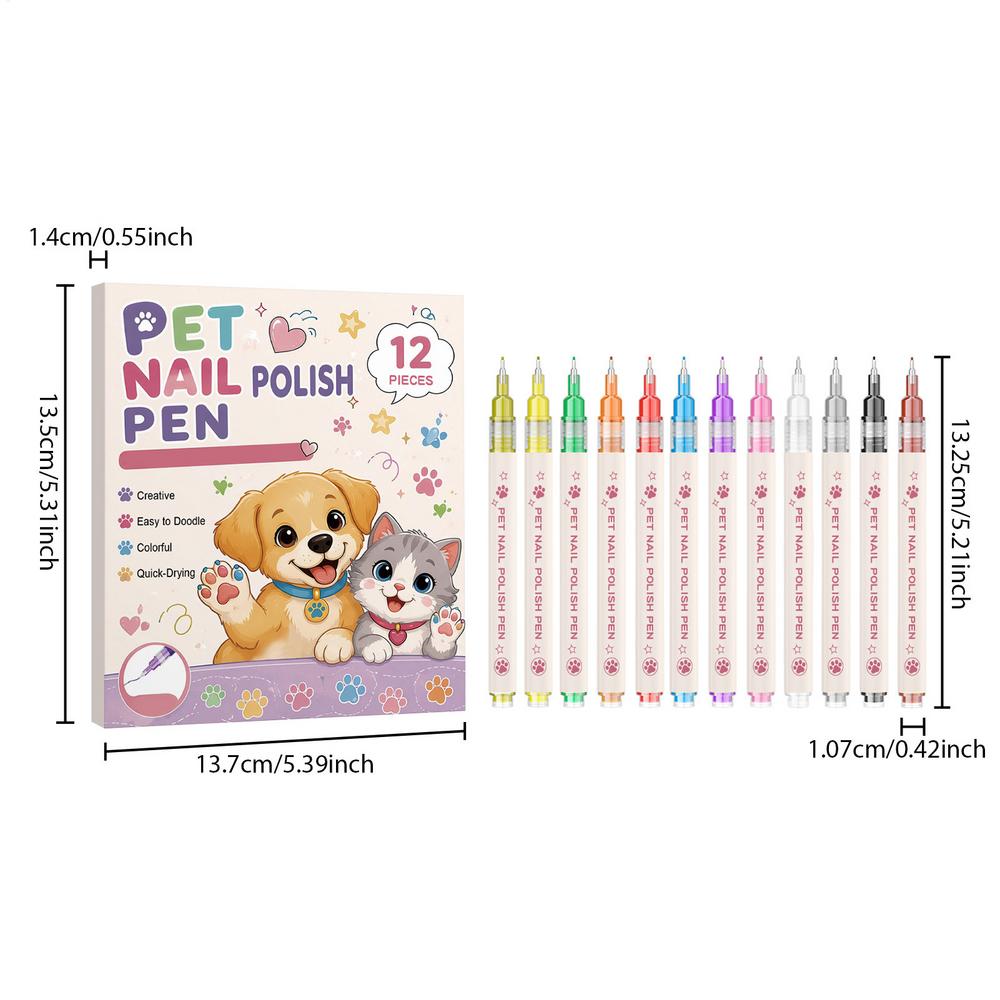 Pet Nail Color Pen 12 Piece Quick Dry DIY Safe Paint Decoration Pen Pet Nail Color for Birthday Cat Fingernail Painting Manicure