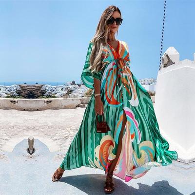Накидки на бикини, длинное платье с принтом в стиле бохо, сексуальная пляжная туника с поясом, летняя женская пляжная одежда, купальный костюм, накидка