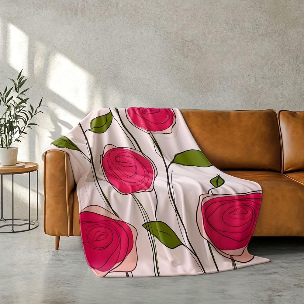 1 piece handpainted rose print pattern blanket polyester fabric machine washable suitable for bedroom living room decoration