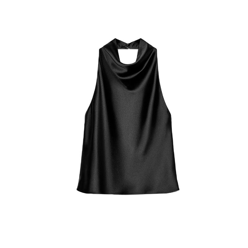 Summer New Product Women's Clothes French Short Silk Satin Texture Open Back Hanging Collar Tops 3203317 2069399