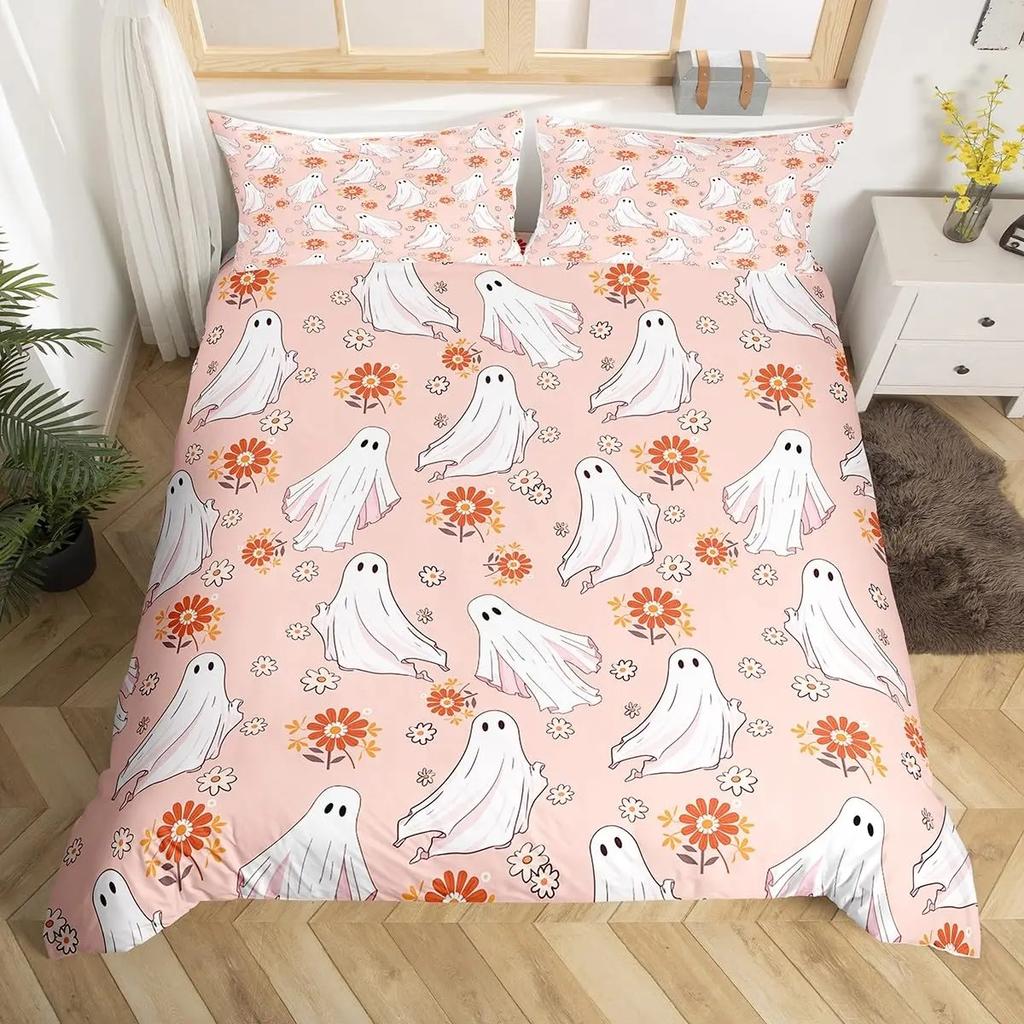 Комплект постельного белья с изображением сахарного черепа, пододеяльник со скелетом для мальчиков и девочек, розовый бант, покрывало для одеяла на тему Хэллоуина