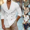 Men Summer Spring Shirt V Neck Double-breasted Solid Color Slim Fit Cotton