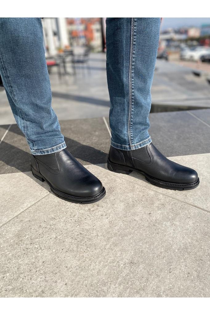 Men's Fashion Genuine Leather Flat Heeled Booties Furry Thermo Sole Boots Non-Slip Keeps Warm Water Resistant Ata Boots Shoes