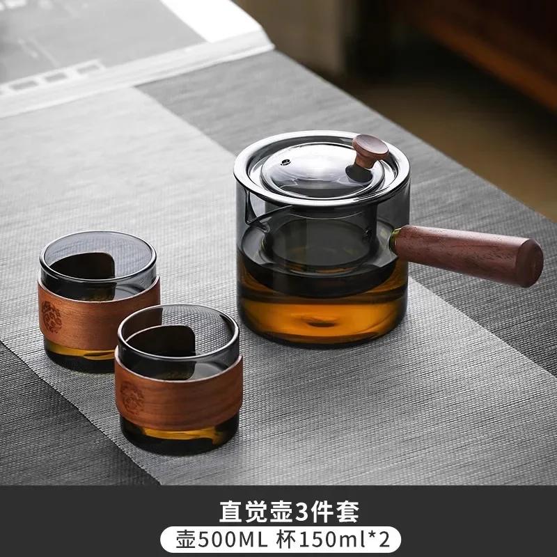 Японский стеклянный чайник с боковыми ручками Чайник с деревянными ручками Чайный сервиз в стиле кунг-фу Утолщенный чайник Интуитивный чайник