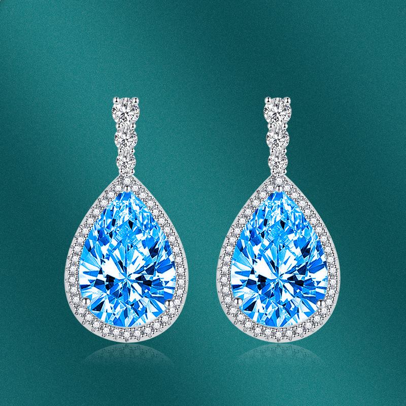 Sace Gems Copper Temperament Zircon Drop Shaped Earrings Navy Blue Inlaid Zircon Color Treasure Earrings for Women