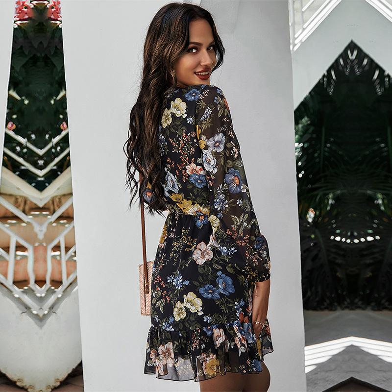 Женское мини-платье весна-лето трапециевидной формы с длинными рукавами на шнуровке с высокой талией и шифоновым цветочным принтом, черный, белый, темно-синий, S-XXL
