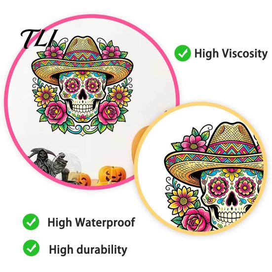 Latin American Party Decor Flower Skull Wall Sticker, Day of The Dead Decorative Waterproof Outdoor Glass Decorations Decals, PVC Removable