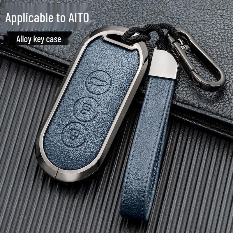 Business Style Double-Sided Leather Key Shell for AITO M7/M5 EV 2022 Model - Full Coverage Metal Car Key Case