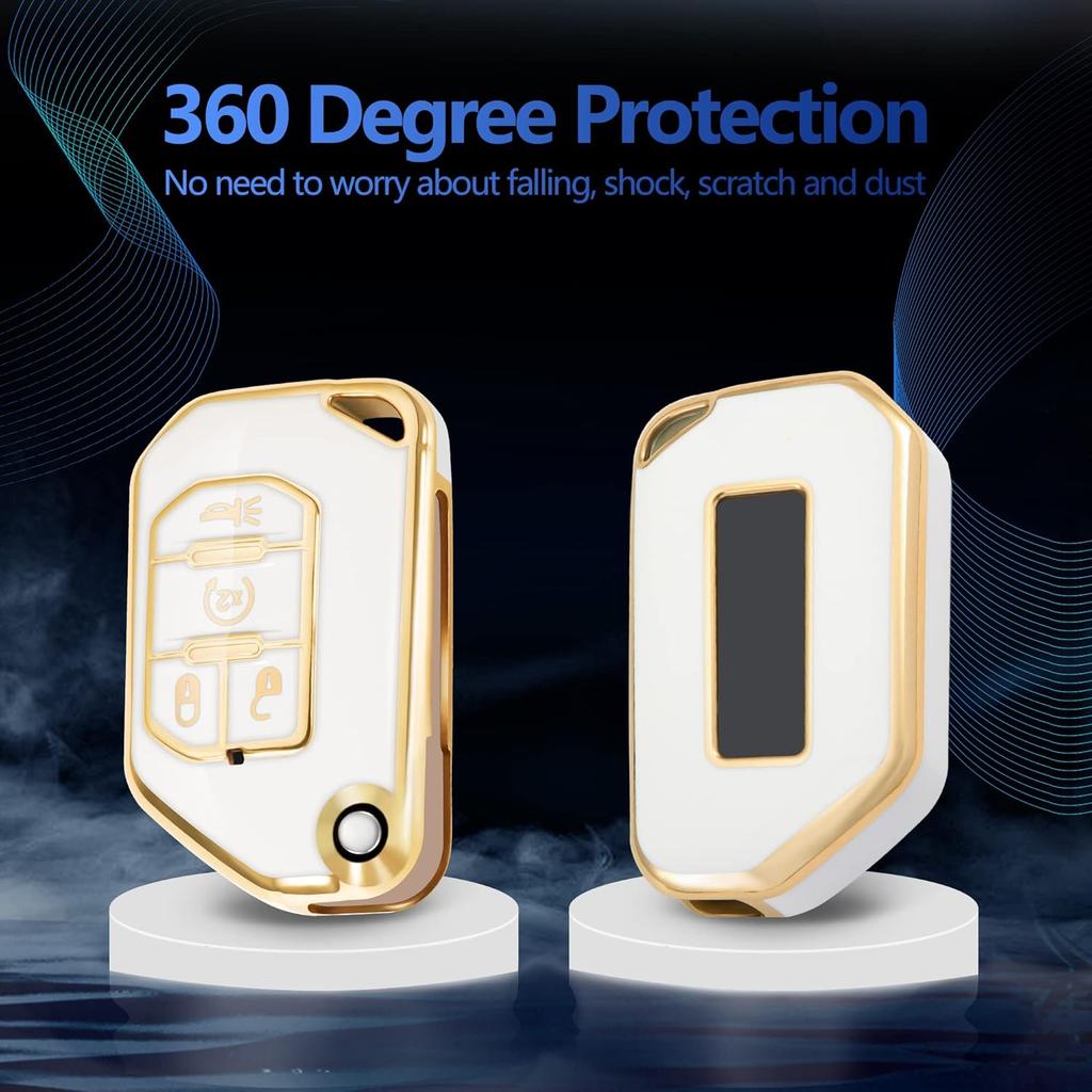 YHC for Jeep Key Fob Cover Car Key Case Shell with Gold Keychain fit Wrangler Gladiator JL JLU JT