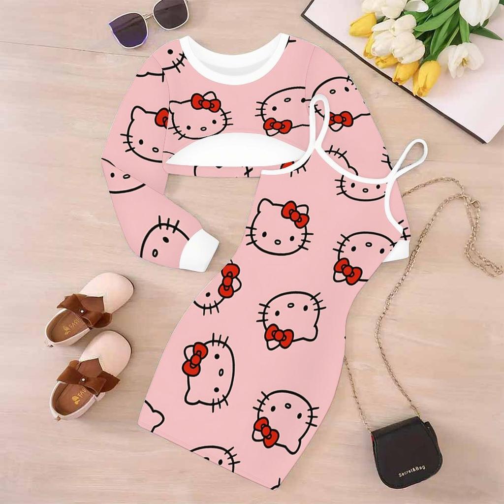 Girls Cartoon 2 Piece Outfits, Long Sleeve Crop Top + Spaghetti Strap Bodycon Dress, Bow Cute Cartoon Print Party Dress Set