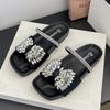 2025 New European Flat-bottomed Bow Rhinestone Slippers Women's Cross with Satin Open-toed Fashion Outer Slippers