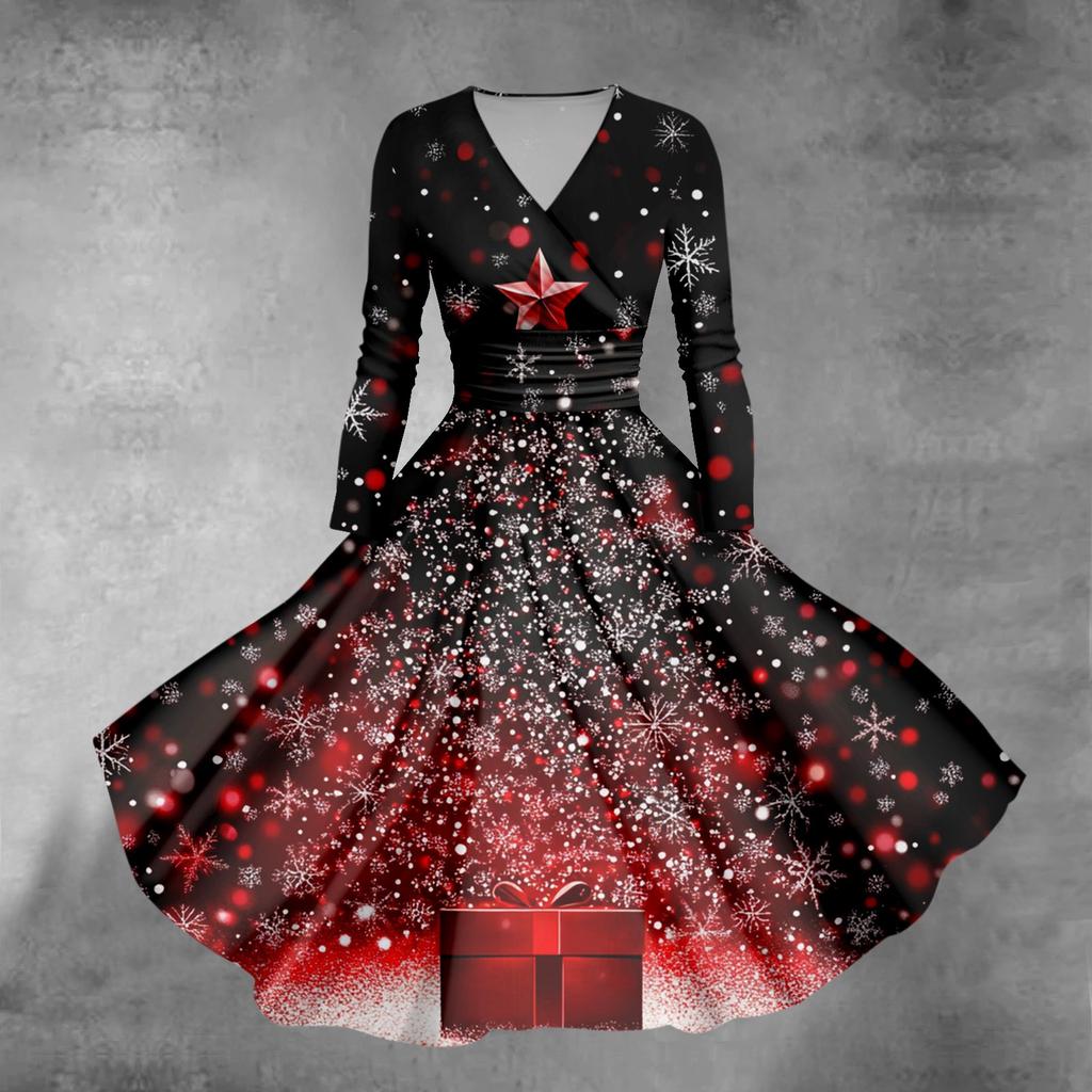 Женское облегающее платье свободного кроя с принтом рождественской елки и снежинок, V-образным вырезом и длинными рукавами