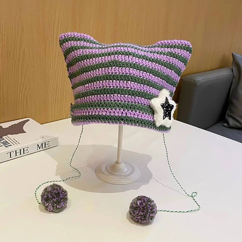 New women's autumn and winter warm cat ears knitted hat women's face small wool hat ear protection hat