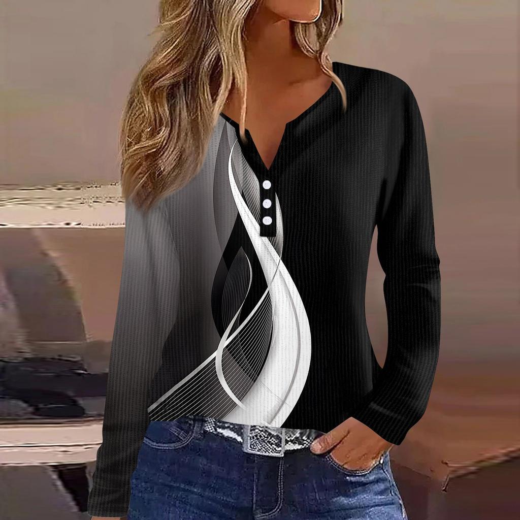 Женская футболка с принтом на пуговицах, длинный рукав, вязаный свитер, повседневный, модный, на выходные, базовый, с V-образным вырезом, обычный топ