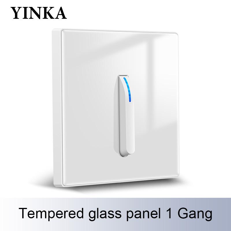 YINKA домашний настенный выключатель света, панель с кристаллом, переключатель из закаленного стекла, самосброс, 1 группа, 2 направления, светодиодный индикатор, клавиша фортепиано, настенная