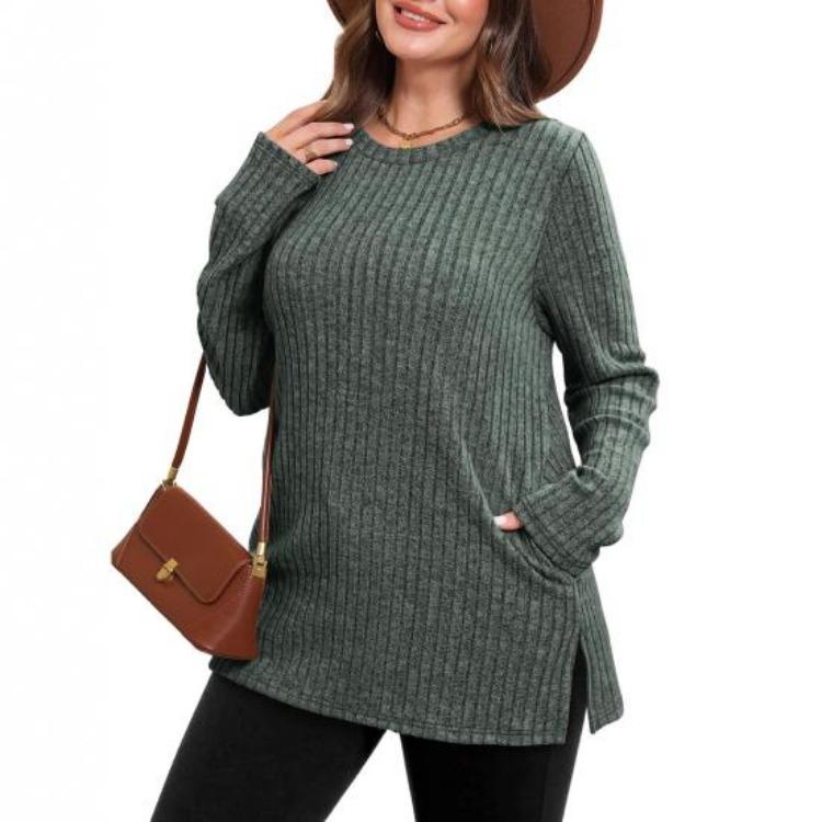 Women's Pullovers & Long Sleeves - Women Long Sleeve Knit Tops Casual Solid Color Striped Blouse with Side Pocket