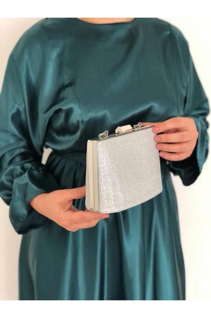 Women's Stylish and Useful Evening Dress Bag Çupra Silver Handled Evening Dress Bag