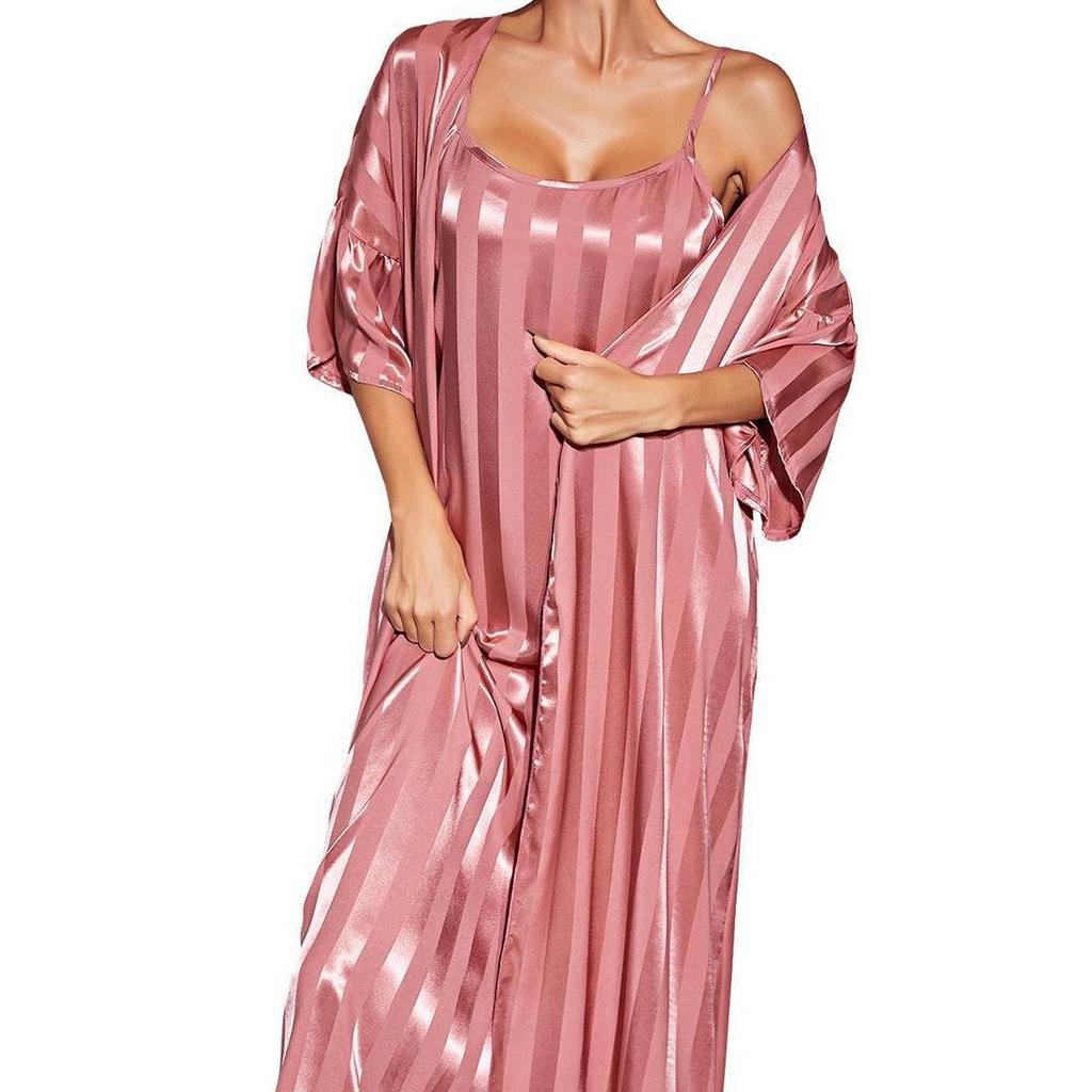Women’s Nightgown Slip Night Dress 2 Pieces Set Satin Stripe Pajamas Dressing Gown Robe Sleepwear Home Wear Spring Autumn Sleep Lounge Clothes